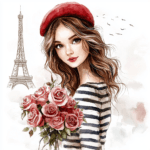 A fashionable man in a beret holding a bouquet of flowers near the iconic Eiffel Tower