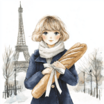 A dreamy illustration of a couple riding a bicycle through Paris with the Eiffel Tower in sight