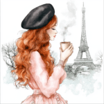 A whimsical illustration of a Parisian café scene with a woman enjoying coffee and pastries