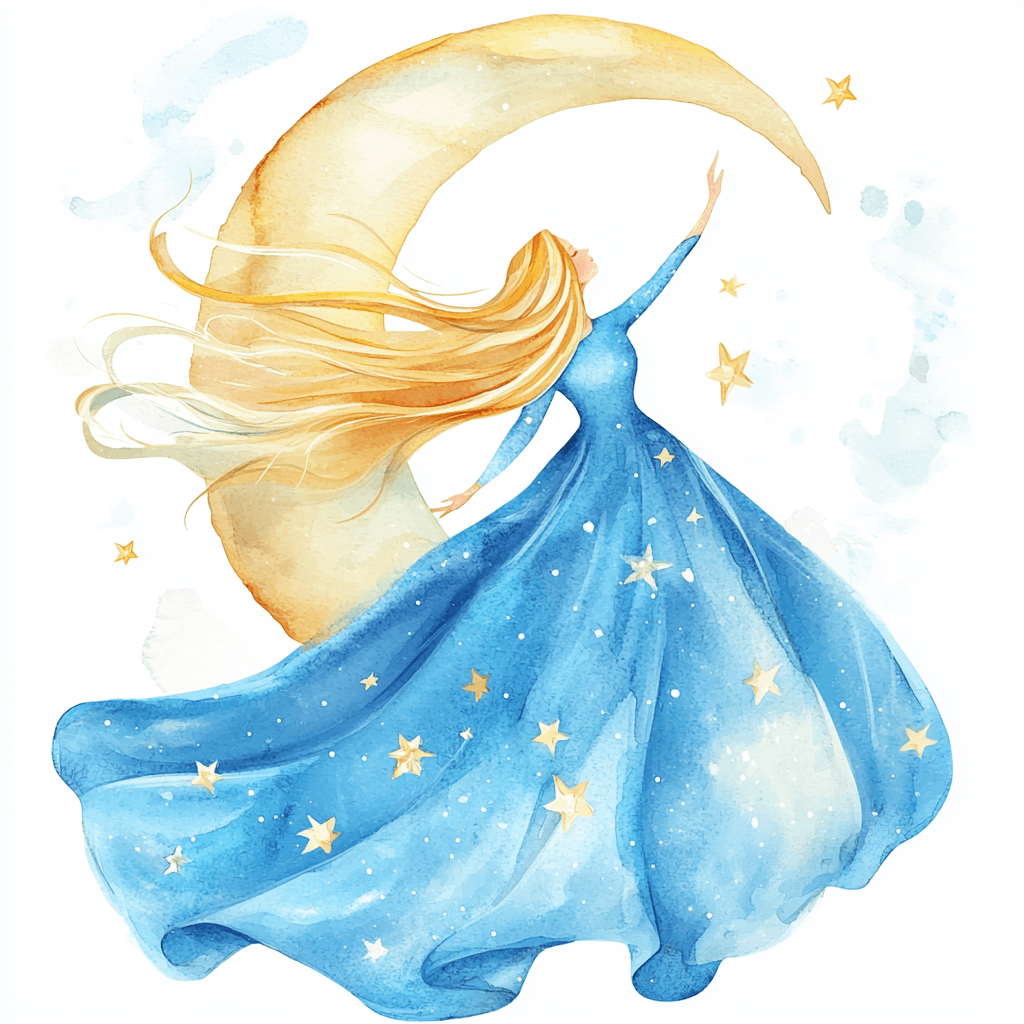 An enchanting dancer twirling in a flowing gown adorned with celestial patterns and soft pastel colors