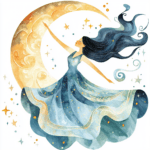A serene dancer silhouetted against a backdrop of dreamy clouds and shimmering starlight
