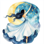An ethereal character gracefully moving through a starlit sky with a luminous crescent moon