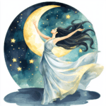 A whimsical illustration of a fairy-like character leaping in the night sky with a glowing moon overhead