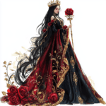 A romantic depiction of a gothic figure in a richly textured gown gazing into the distance