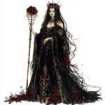 A gothic queen surrounded by flickering candles and shadowy elements creating a dramatic atmosphere