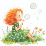 A delightful image of a girl with flowing red hair joyfully interacting with floating bubbles in a flower-filled garden