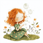 A charming depiction of a girl in a whimsical dress blowing iridescent bubbles against a backdrop of soft pastel colors