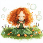 A cheerful red-haired girl surrounded by delicate butterflies and bubbles in a magical garden atmosphere