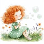 A playful scene of a girl with bright red hair creating bubbles in a sunlit garden bursting with blossoms
