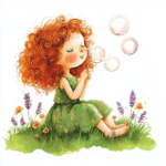 An enchanting illustration of a girl blowing bubbles while sitting on a grassy patch surrounded by blooming flowers