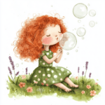 A serene illustration of a bubble-blowing girl lying on the grass with colorful flowers framing her