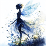 A playful fairy weaves through a field of wildflowers with a trail of shimmering dust