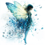 A serene fairy sits peacefully among lush greenery and blooming roses in a tranquil setting