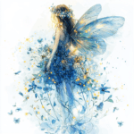 A radiant fairy twirls joyfully surrounded by butterflies and bright floral accents