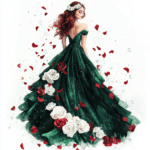 An enchanting figure in a vibrant red gown with intricate floral designs twirls amidst a field of wildflowers