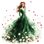 A graceful lady in a flowing white gown decorated with delicate cherry blossoms walks through a serene forest