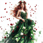 A whimsical lady in a teal gown embroidered with white daisies dances among blooming roses