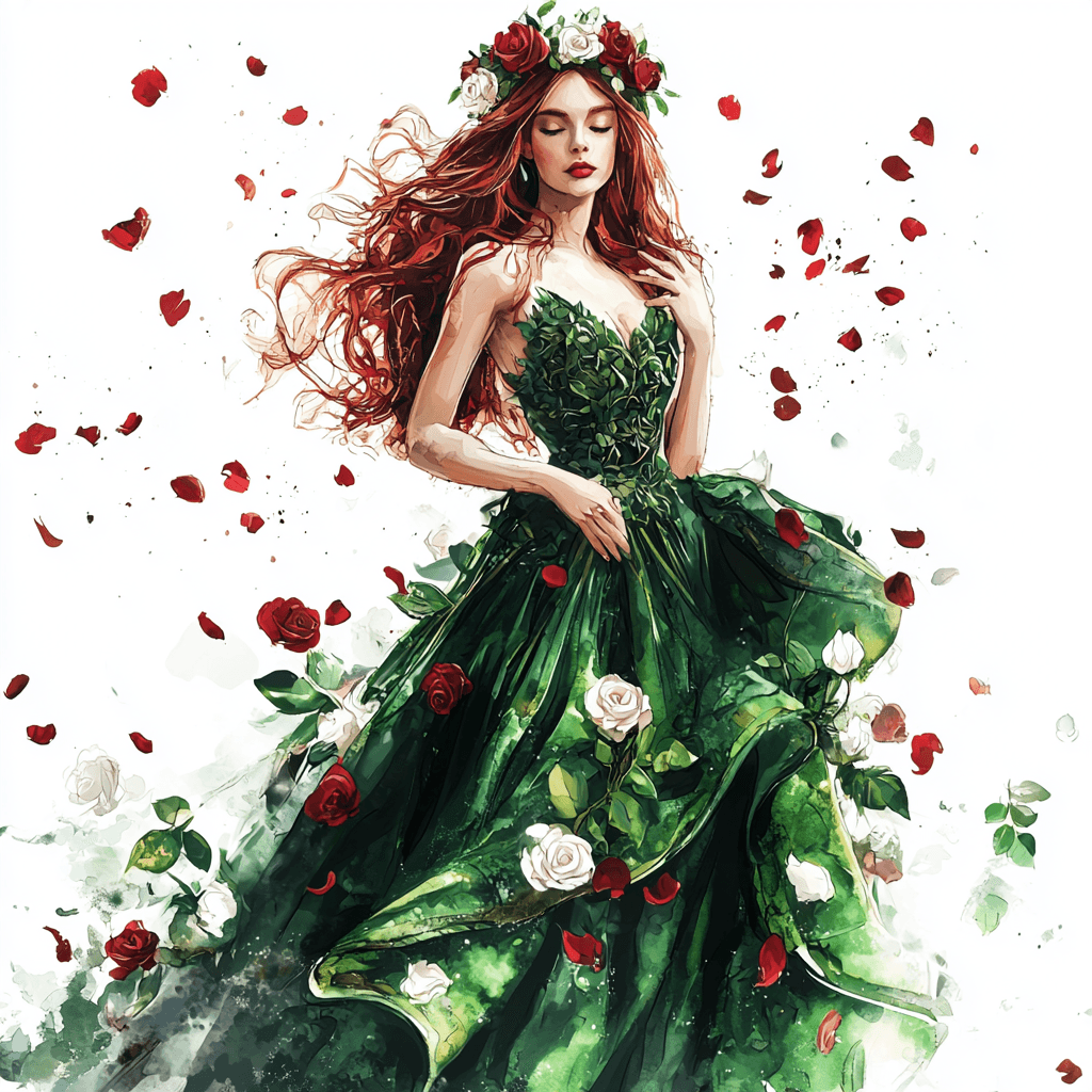 A whimsical lady in a teal gown embroidered with white daisies dances among blooming roses