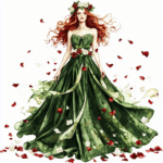A stunning character in a deep blue gown with golden floral embellishments poses against a dreamy sunset backdrop