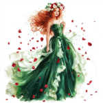 A dreamy lady in a flowing emerald gown adorned with colorful tropical flowers stands near a tranquil pond