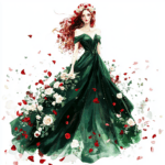 A charming illustration of a woman in a soft pink gown surrounded by swirling petals and butterflies