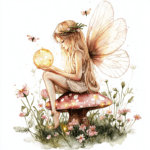 A serene blonde fairy lying on a bed of daisies with a gentle smile on her face
