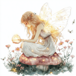 An enchanting fairy resting on a large green leaf while butterflies flutter around her