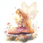 A magical fairy perched atop a soft purple mushroom with sparkling stars in the background