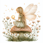 A joyful fairy dancing among blooming flowers with her wings shimmering in the sunlight