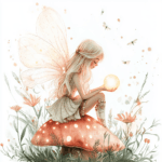 A playful fairy interacting with a small woodland creature in a lush floral setting