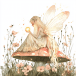 A charming blonde fairy holding a bouquet of tiny blossoms with a dreamy expression