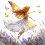 A serene fairy resting on a large lavender petal surrounded by gentle pastel colors
