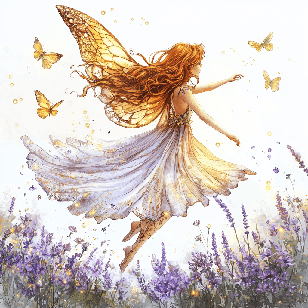A serene fairy resting on a large lavender petal surrounded by gentle pastel colors