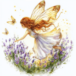 A playful fairy peeking out from behind a lavender bush with a mischievous smile