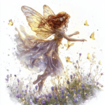 A lovely fairy surrounded by butterflies and flowers creating a whimsical atmosphere