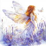 A graceful fairy soaring through a lavender field with a backdrop of a colorful sunset