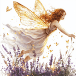 A charming fairy twirling in a circle with flowing hair and a sparkling dress amidst blooming flowers