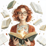 A cheerful librarian character sitting on a stack of books with a warm cup of tea and floating hearts