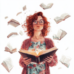 A playful depiction of a librarian with glasses reading a book as colorful butterflies flutter around