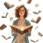 A delightful image of stacked books with whimsical designs featuring stars and moons in pastel colors