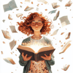 A vibrant scene of a character dancing among flying books with a backdrop of bright clouds and rainbows