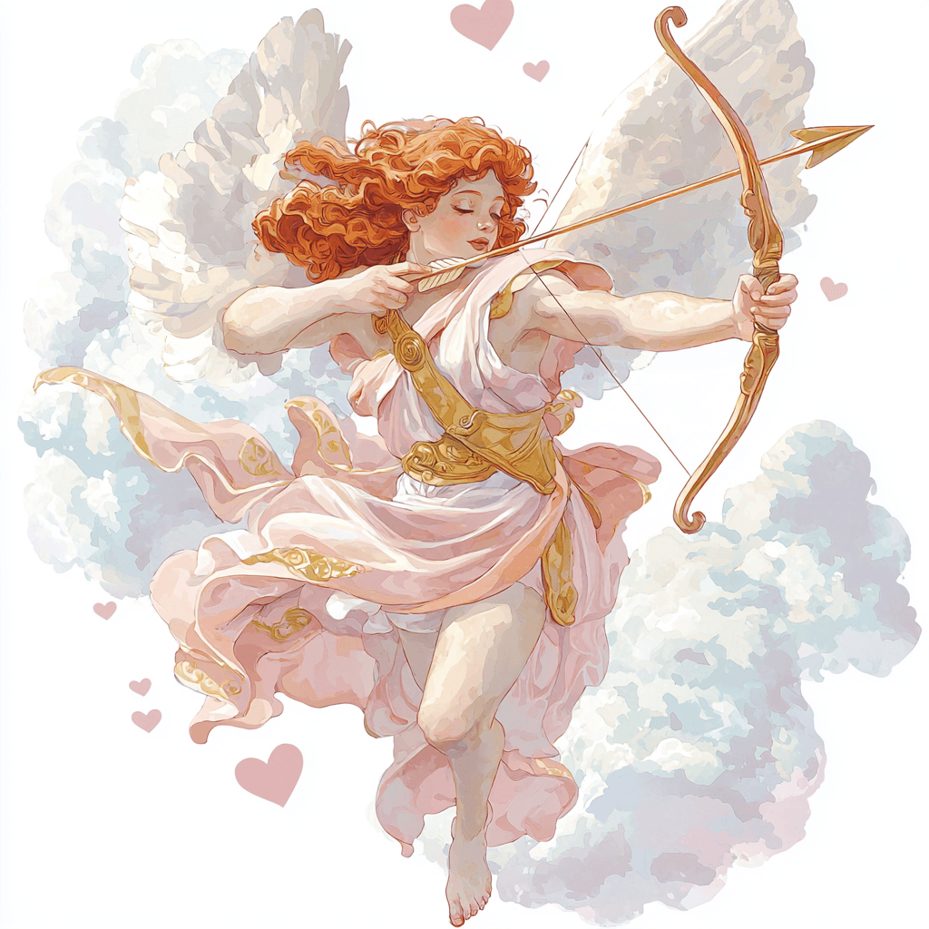 An adorable cupid sitting on a fluffy cloud surrounded by colorful hearts and sparkles