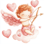 A delightful cherub with a playful expression floating above a sea of vibrant hearts
