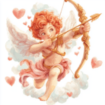 A cute cupid winking while perched on a heart-shaped balloon against a dreamy sky