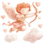 A sweet illustration of a cupid dancing among pastel clouds with pink and red heart motifs