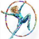 A stunning artwork features a dancer in motion surrounded by swirling patterns of purple and green