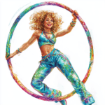 An expressive piece illustrates a dancer with flowing hair and a multicolored hoop emphasizing the beauty of movement