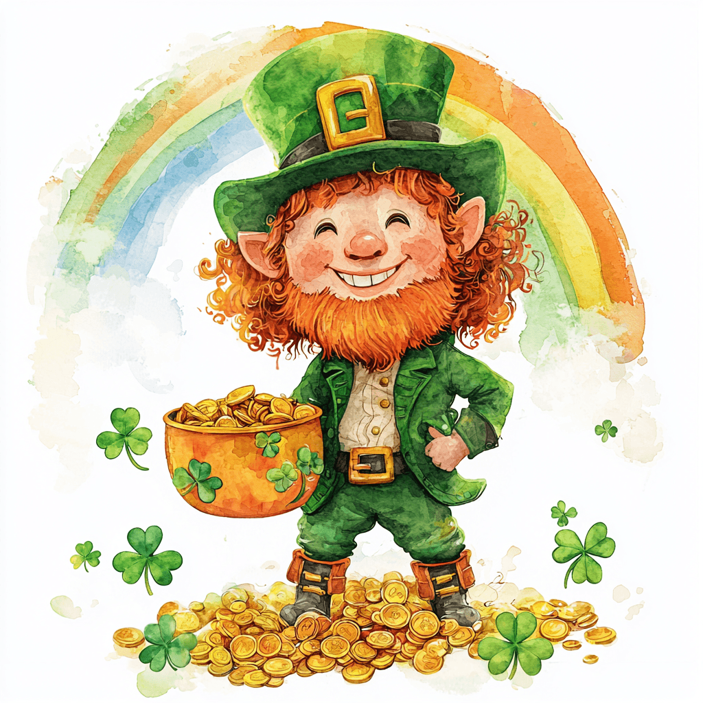 A whimsical leprechaun dancing joyfully surrounded by sparkling shamrocks and colorful flowers
