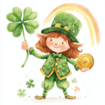 An adorable leprechaun with a red beard and green outfit waving at the viewer under a blue sky