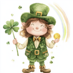 A playful leprechaun sitting on a pot of gold coins with a bright rainbow in the background